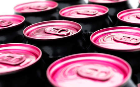 Close up photo of aluminium cans in a raw. Aluminium can background. Can Pattern. Aluminium beverage cans. Drink can. Metal containers for packaging drinks.の写真素材