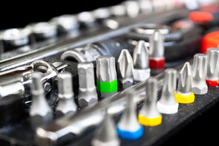 Close up viw of a Garage Tool Box. Set of Tools. Tool Box for Construction. Tool to repair the car...