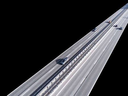 Aerial view of highway in city isolated on black background. Cars crossing interchange overpass....