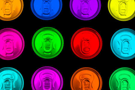 Close up photo of multicolored aluminium cans in a raw. Colour Aluminium can background. Can Pattern. Aluminium beverage cans. Drink can. Metal containers for packaging drinks.の写真素材
