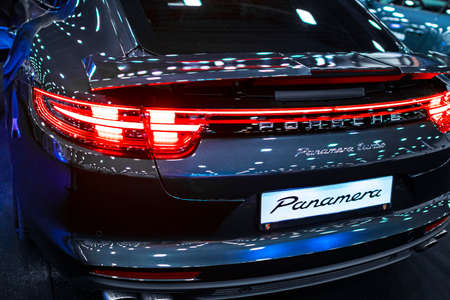Sankt-Petersburg Russia July 21 2017: Back view of a Porsche Panamera Turbo with adaptive rear...