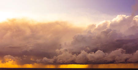 Aerial image of dark Storm clouds over the land. Aerial panorama of storm clouds. Panorama of...