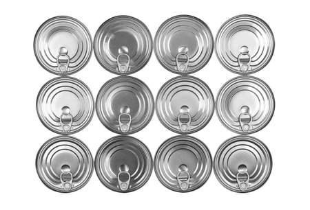 Close up photo of aluminium cans in a raw isolated on white background. Aluminium can background....