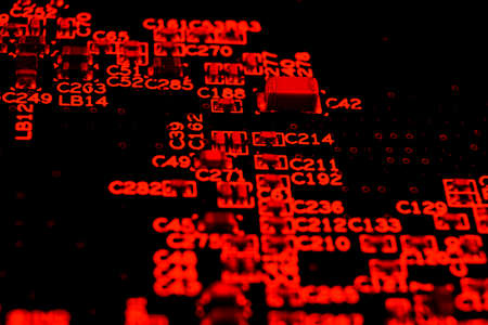Macro shot of Circuit board with resistors microchips and electronic components. Computer hardware technology. Integrated communication processor. Information engineering. Semiconductor. PCB. Closeupの写真素材