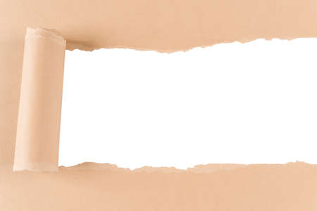 Torn paper with rolled edge with blank space. Torn paper with white copy space. Empty space for your message. Two pieces of torn paper with opening showing white clipping path.の写真素材