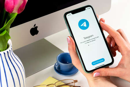 Helsinki, Finland, January 30, 2020: Telegram application icon on Apple iPhone 11 screen close-up in...