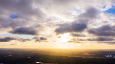 Aerial view clouds over forest. Aerial view of forest and clouds. Coastline. Aerial drone view of the forest. Aerial top view cloudscape. Texture of cloudsの写真素材