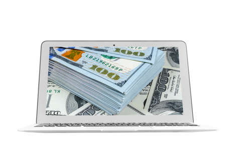 Make money online. Business concept with making profit using internet. Laptop computer with money....