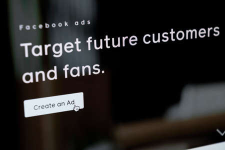 Sankt-Petersburg, Russia, May 11, 2020: Facebook Ads application icon on Apple iMac screen close-up. Facebook Business app icon. Facebook Ads mobile application. Social media networkのeditorial素材