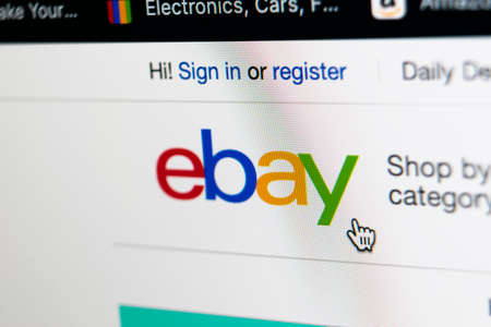 Sankt-Petersburg, Russia, May 11, 2020: eBay application icon on Apple iMac screen close-up. eBay...