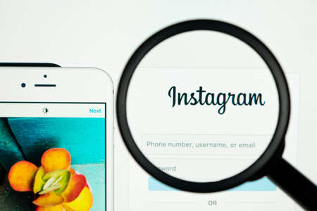 Sankt-Petersburg, Russia, June 16, 2020: Instagram application icon on Apple iMac monitor screen under magnifying glass. Instagram app icon. Social media icon. Social networkのeditorial素材