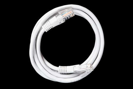 Internet data cable isolated on black background. Internet communication concept. Network internet...