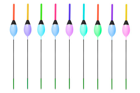 Different colour fishing float isolated on white background. Closeup of fishing float isolated over white. Fishing equipment concept.の写真素材