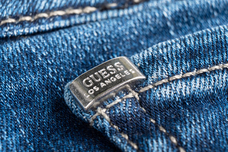 Sankt-Petersburg, Russia, December 6, 2020: Close-up of the Guess jeans logo. Macro shot guess logo...