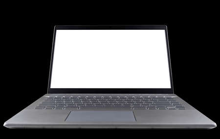 Laptop computer PC with blank screen mock up isolated on black background. Laptop isolated screen with clippin path. PC computer white screen with copy space. Empty space for text.の写真素材