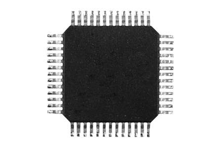 Macro shot microchip isolated on white background. Computer hardware technology. Integrated...