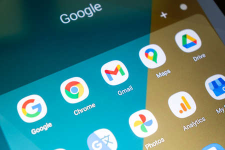 Sankt-Petersburg, Russia, March 7, 2021:  Google applications icon on Samsung Galaxy Tab screen close-up. Apps Chrome, drive, ads, translatye, my business, analyticsのeditorial素材