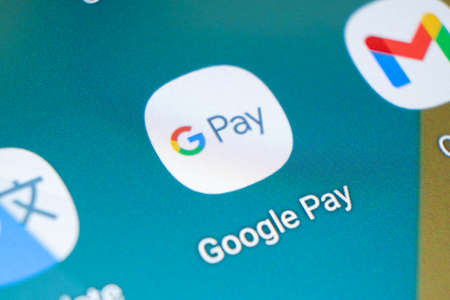 Sankt-Petersburg, Russia, March 7, 2021: Google Pay application icon on smartphone screen closeup. Google Pay logo. GPay applicationのeditorial素材