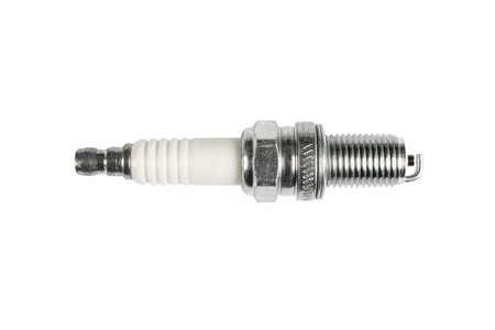 Macro shot of spark plug isolated on white background. A spark plug for an engine isolated with...