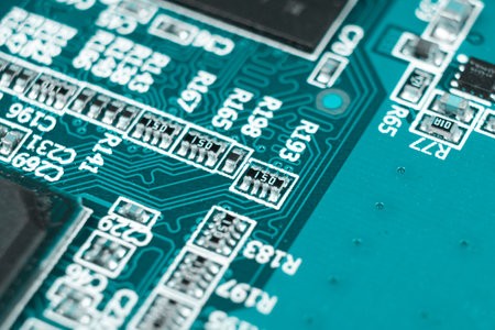 Macro shot of Circuit board with resistors microchips and electronic components. Computer hardware...