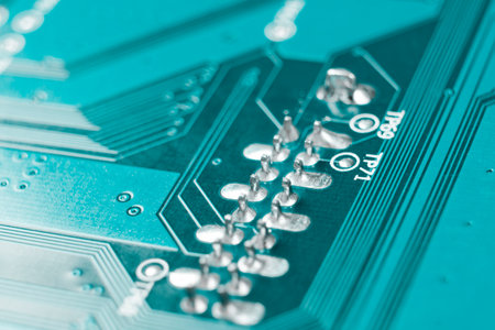 Macro shot of Circuit board with resistors microchips and electronic components. Computer hardware technology. Integrated communication processor. Information engineering. Semiconductor. PCB. Closeupの写真素材