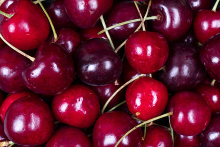 Cherry pattern. Sweet cherries background texture. Ripe sweet red cherries. Top view. Sweet ripe...