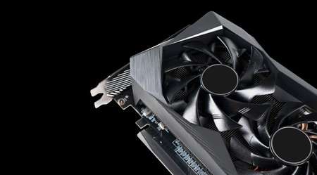Video card with fan. Gaming graphics card for video games and cryptocurrency mining. Game video card...