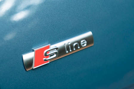 Sankt-Petersburg Russia, October 13, 2021: AUDI A6 45TDI Quattro with s-line logo close-up view. Car...