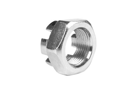 Macro shot metal nut isolated on white background. Chromed screw nut isolated. Steel screw-nut...