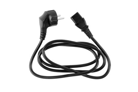 Black power plug isolated on white background. Power cable with plug and socket isolated on white.