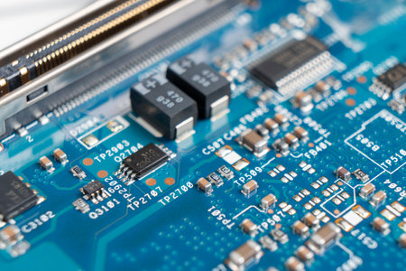 Macro shot of Circuit board with resistors microchips and electronic components. Computer hardware...