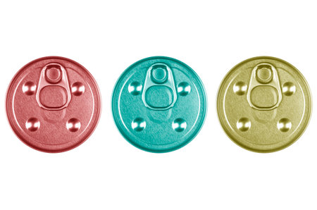 Three aluminium can isolated on white background. Aluminium can background. Can Pattern. Aluminium beverage cans. Drink can. Metal containers for packaging drinks.の写真素材