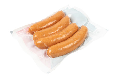 Sausages in vacuum plastic packaging isolated on white background. Vacuum transparent packaging with fresh sausages. A pack of sausages in a vacuum foil isolated.の写真素材