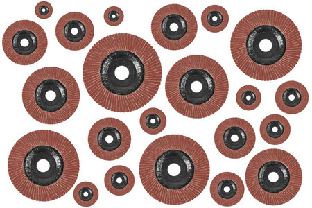 Grinding disc of an angle grinder isolated on a white background. New abrasive grinding wheels. Flap wheel for grinder patternの写真素材