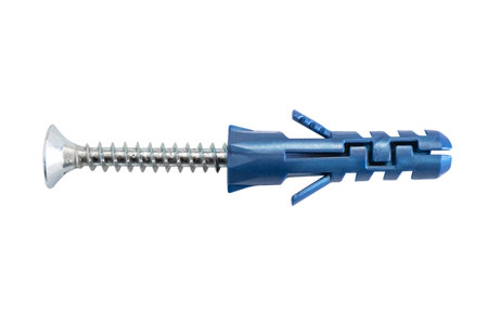Macro shot blue plastic dowel and self-tapping screw isolated on white background. Dowels. Wall...
