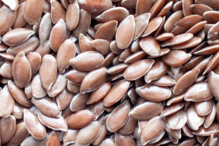 Linseeds. Flax seeds texture background. Macro shot. Flax seed heap pattern. Linseed pile closeup.の写真素材
