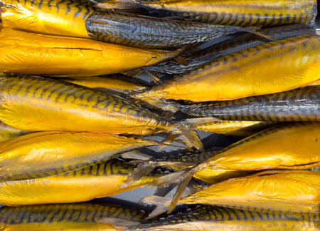 Hot smoked mackerel fish pattern. Smoke. Smoked meat. Smoked fish. Smoking room cooked at the stake. Smoked fish background textureの写真素材