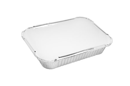 Foil baking dish closeup isolated on a white background. Empty disposable square aluminium foil baking dish isolated on whiteの写真素材