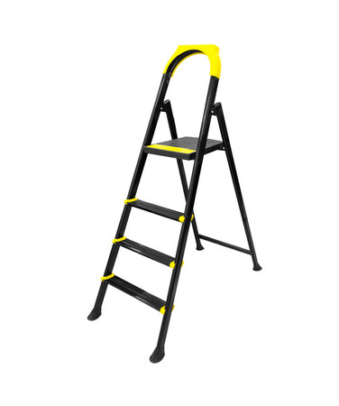 Foldable metal ladder isolated on white background. Lightweight foldable aluminium stepladder isolated. Construction ladders on a white backgroundの写真素材