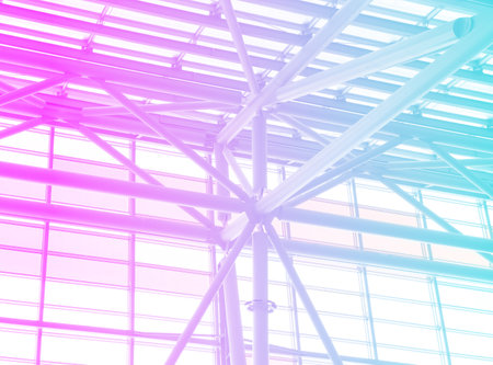 Lights and ventilation system in long line on ceiling of the  industrial building. Exhibition Hall in pink and blue tones. Ceiling factory constructionの写真素材