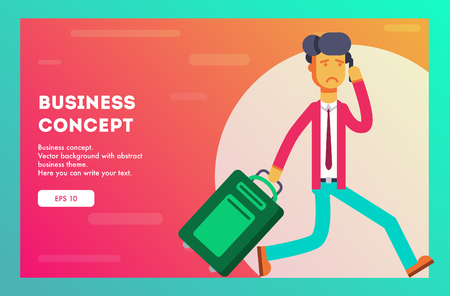 Unhappy businessman is late for the plane and speaks on the phone. Vector illustration.のイラスト素材