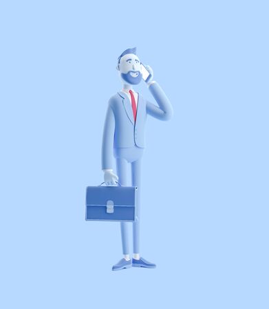 Cartoon character Billy with a case talking on phone. 3d illustration. Businessman Billy in blue color.の写真素材