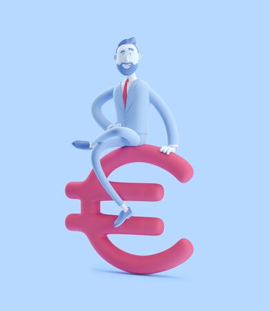 Businessman Billy with big euro sign. 3d illustration. Businessman Billy in blue color.の写真素材