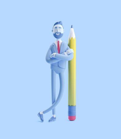 Cartoon character Billy with a big pencil. 3d illustration. Businessman Billy in blue color.の写真素材