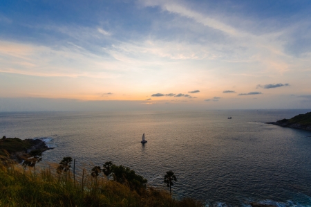 Colorful sky over the sea at laem phromthep or phromthep cape, Phuket,Thailandの写真素材