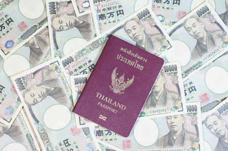 Thailand passport on the Japanese banknotesの写真素材