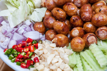 Thai Sausage Style, Sausage Northeastern Style served in a dish with side dishes  Sai Krawk E-san の写真素材