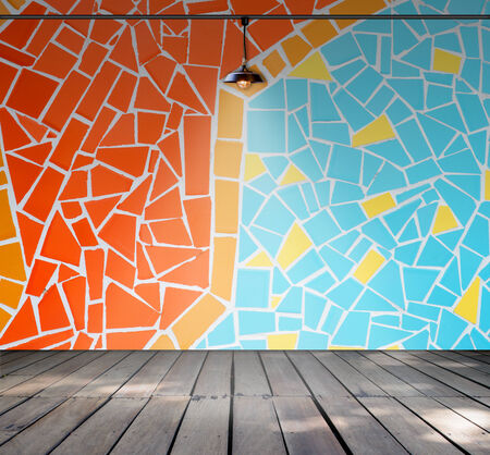 Lamp in Empty room with Colorful mosaic tile wall and Wood plank floor, Template for product displayの写真素材