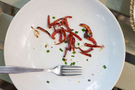 leftover food in dish of a Spicy spaghettiの写真素材