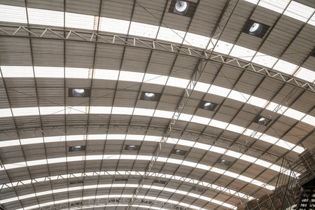 metal sheet roof of the factory, view from bottom to top